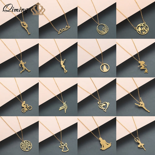 Boho Statement Necklace Women Stainless Steel Jewelry Wolf Phoenix Yoga Ballet Sports Gold Chain Necklace Pendant Girls Gift - accessories4girls