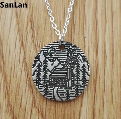 Pine Tree cabin scene moon in the mountain necklace camping jewelry simple life Gifts for Campers SanLan - accessories4girls