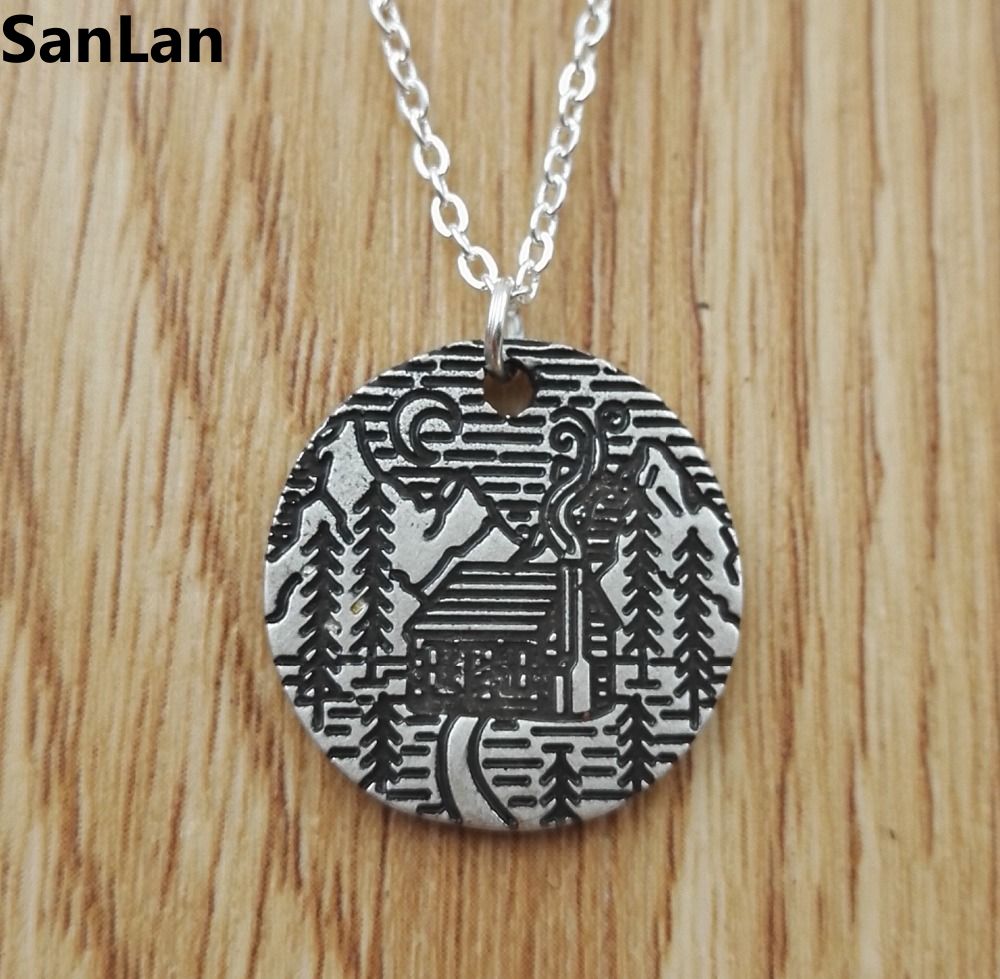 Pine Tree cabin scene moon in the mountain necklace camping jewelry simple life Gifts for Campers SanLan - accessories4girls