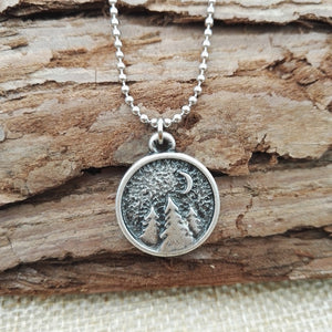 Pine Trees & Crescent Moon Necklace Nature Circle Nature Pendant nature Lover Gift  Everyday Camping Necklace SanLan - accessories4girls