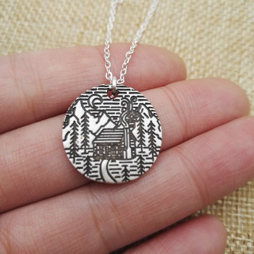 1pcs Lovely Pine Tree cabin scene moon in the mountain necklace camping jewelry simple life Gifts for Campers SanLan - accessories4girls