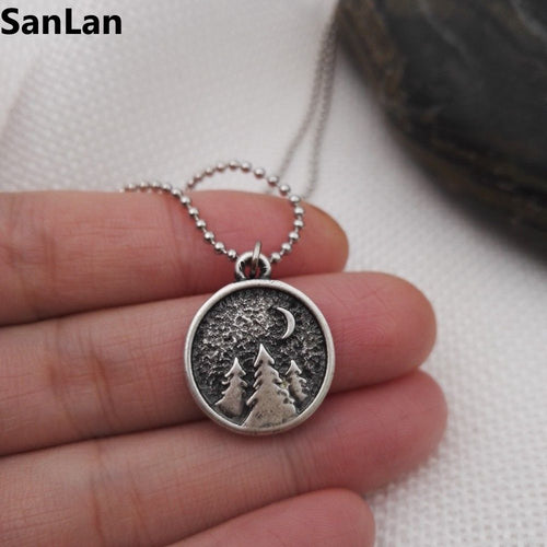 Pine Trees & Crescent Moon Necklace Nature Circle Nature Pendant nature Lover Gift  Everyday Camping Necklace SanLan - accessories4girls