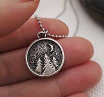 Load image into Gallery viewer, Pine Trees &amp; Crescent Moon Necklace Nature Circle Nature Pendant nature Lover Gift  Everyday Camping Necklace SanLan - accessories4girls