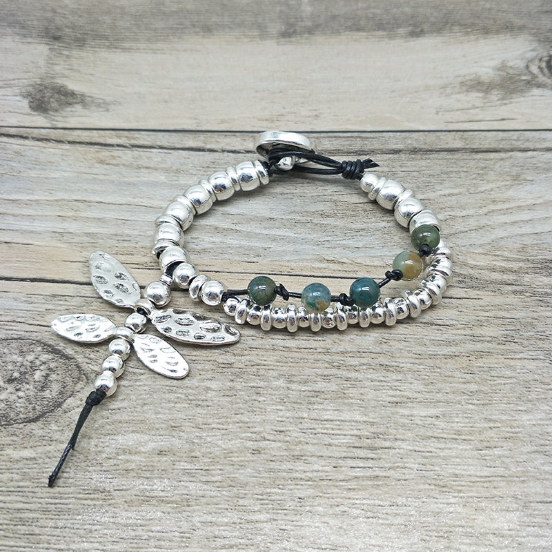 Women Jewelry Vintage Silver Hand Knit Bracelet Natural Stone - accessories4girls