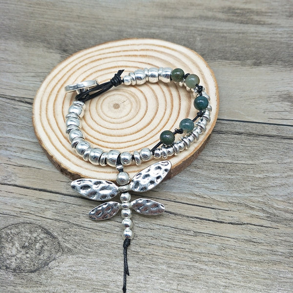 Women Jewelry Vintage Silver Hand Knit Bracelet Natural Stone - accessories4girls