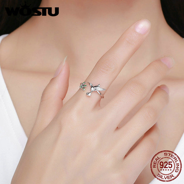 Hummingbird & Leaves Ring For Women Nature Style S925 Silver - accessories4girls