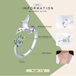 Hummingbird & Leaves Ring For Women Nature Style S925 Silver - accessories4girls