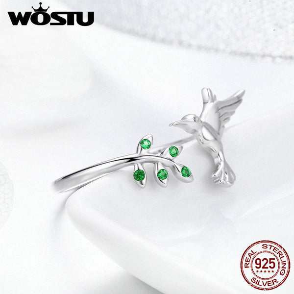 Hummingbird & Leaves Ring For Women Nature Style S925 Silver - accessories4girls