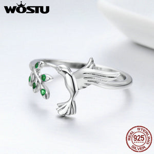 Hummingbird & Leaves Ring For Women Nature Style S925 Silver - accessories4girls