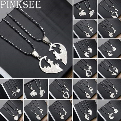 PINKSEE 1 Pair Titanium Steel Heart Shape Pendant Necklaces Men Women Couple Lover I Love You Necklace Jewelry Gifts 19 Styles - accessories4girls