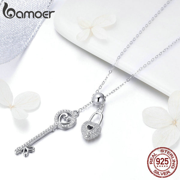 BAMOER Romantic 925 Sterling Silver Key of Heart Lock Chain Pendant Necklaces - accessories4girls