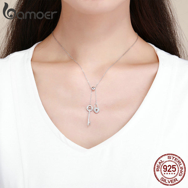 BAMOER Romantic 925 Sterling Silver Key of Heart Lock Chain Pendant Necklaces - accessories4girls