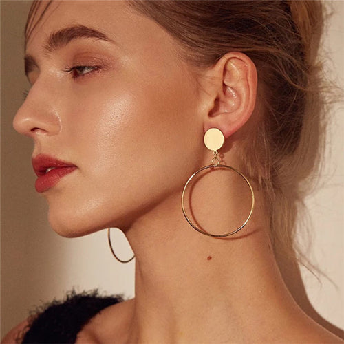 Simple fashion gold color Silver plated geometric big round earrings - accessories4girls