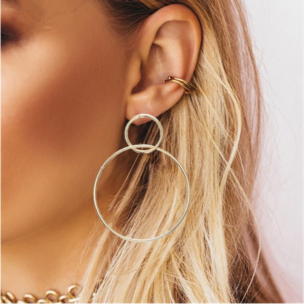 Simple fashion gold color Silver plated geometric big round earrings - accessories4girls