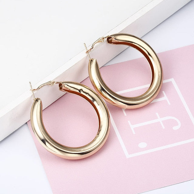 Simple fashion gold color Silver plated geometric big round earrings - accessories4girls