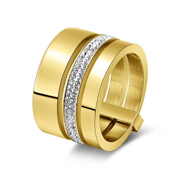 Effie Queen 15mm Big 3 Layers Rings 316L Stainless Steel Zircon Female Ring Wedding Engagement Women Jewelry Fashion Gift IR86 - accessories4girls