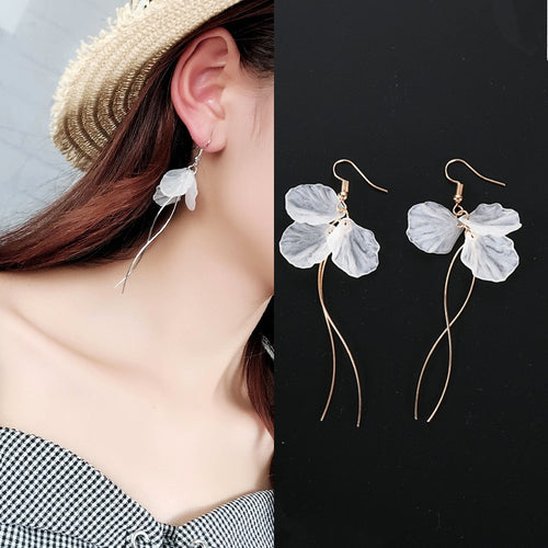 Women's Fashion White Petal Earrings Long Statement S Shape - accessories4girls