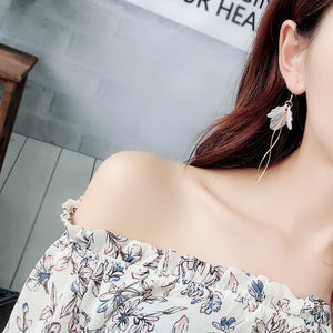 Women's Fashion White Petal Earrings Long Statement S Shape - accessories4girls
