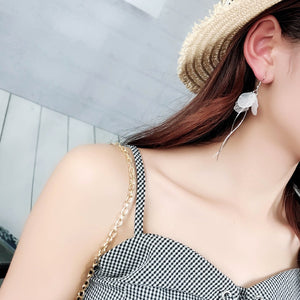 Women's Fashion White Petal Earrings Long Statement S Shape - accessories4girls
