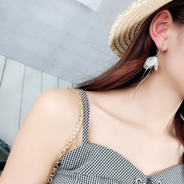 Women's Fashion White Petal Earrings Long Statement S Shape - accessories4girls