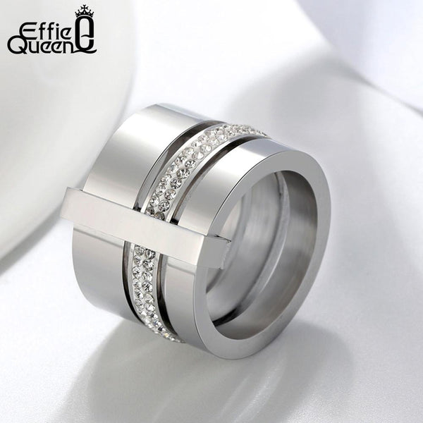 Effie Queen 15mm Big 3 Layers Rings 316L Stainless Steel Zircon Female Ring Wedding Engagement Women Jewelry Fashion Gift IR86 - accessories4girls