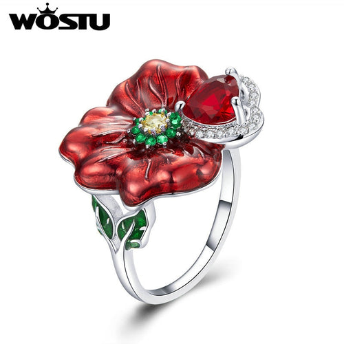 WOSTU New Arrival Red Flower Heart Zircon Big Rings For Women - accessories4girls