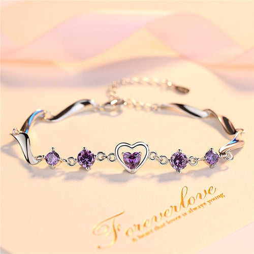 925 Sterling Silver Bracelet Fashion, Heart Crystal Bracelets Gift - accessories4girls