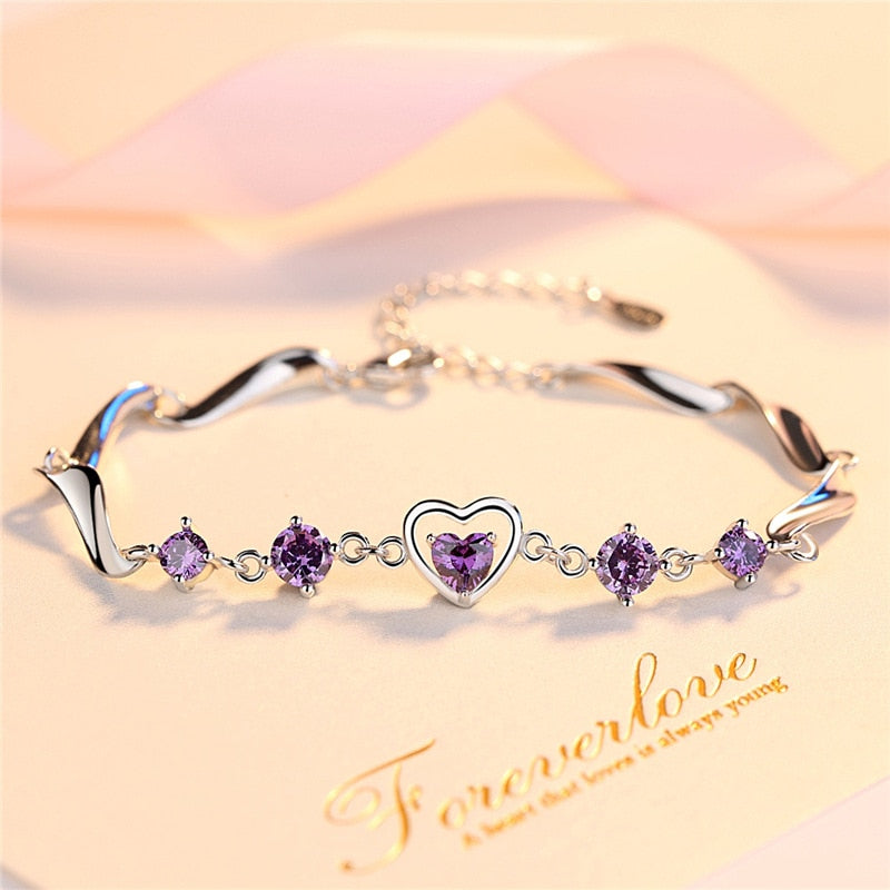 925 Sterling Silver Bracelet Fashion, Heart Crystal Bracelets Gift - accessories4girls
