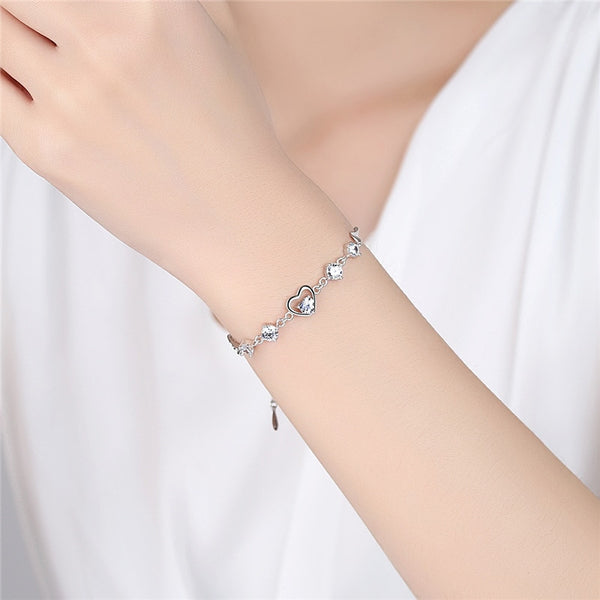 925 Sterling Silver Bracelet Fashion, Heart Crystal Bracelets Gift - accessories4girls