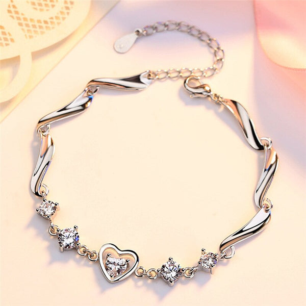 925 Sterling Silver Bracelet Fashion, Heart Crystal Bracelets Gift - accessories4girls