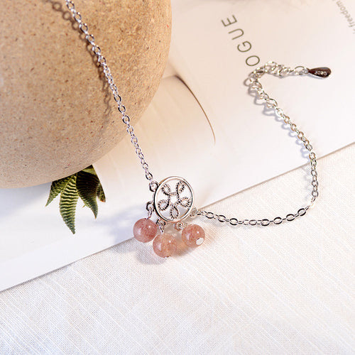 Anenjery Natural Strawberry Crystal Tassel Bracelet  925 Sterling silver - accessories4girls