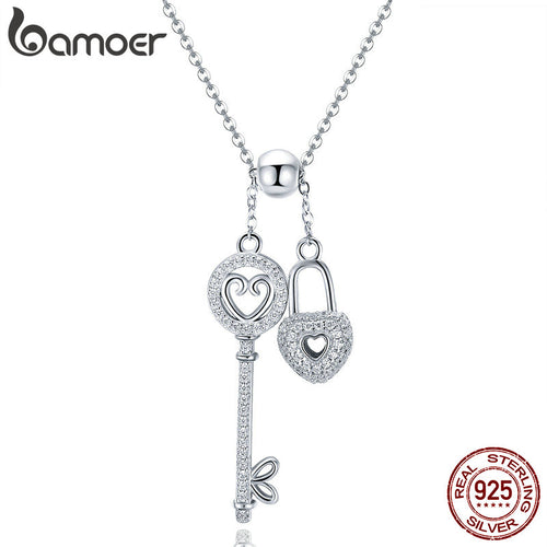 BAMOER Romantic 925 Sterling Silver Key of Heart Lock Chain Pendant Necklaces - accessories4girls